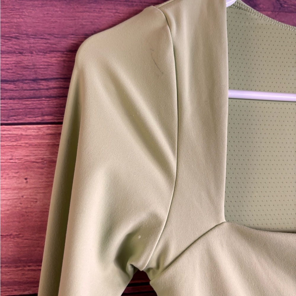 Qinsen Sage Green Long Sleeve Square Neck Mini Dress Side Slit NWT - Picture 3 of 6